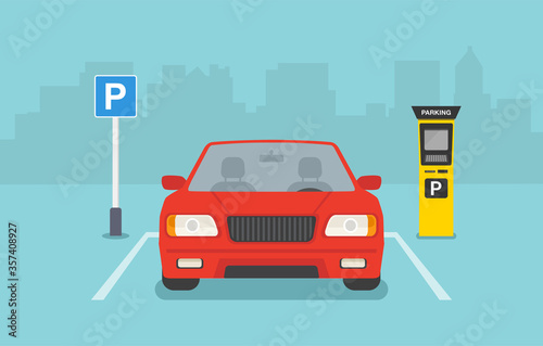 Flat vector illustration of Parking zone with payment system. Red car front view.