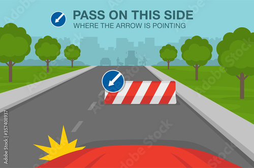 Driving a car. Car is about to turn left on the street. Pass on this side road sign. Flat vector illustration.
