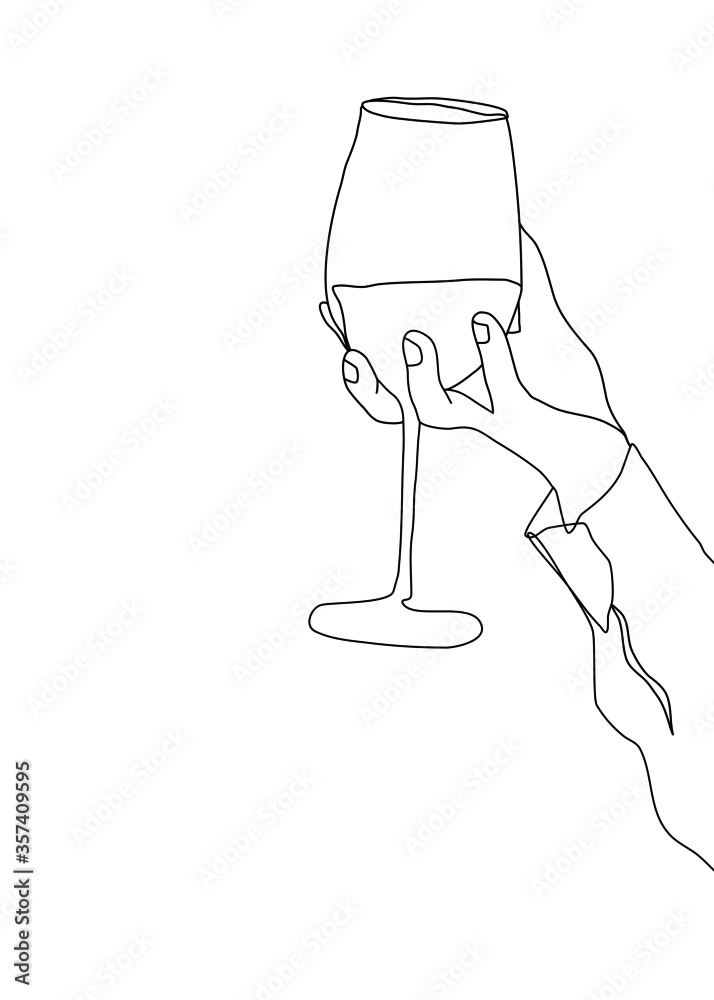 continuous line drawing, cheering, holding a glass of win. vector illustration.