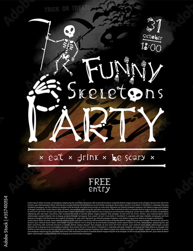 Halloween poster. Invitation template on black background for party decoration. Skeleton, shadow and the letter from the bones.