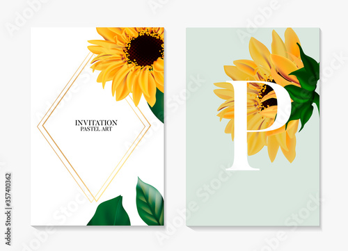 Sunflower plant, Helianthus hybrid black yellow petal greeting wedding card. Summer garden wildflower beauty blossom botanical card. Nature holiday card in vector