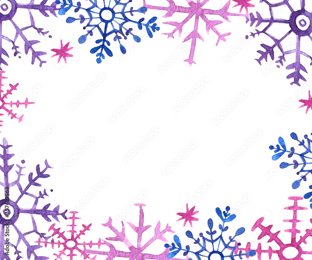 watercolor illustration, snowflake frame, new year, Christmas, square frame watercolor illustration, snowflake frame, new year, Christmas, square frame