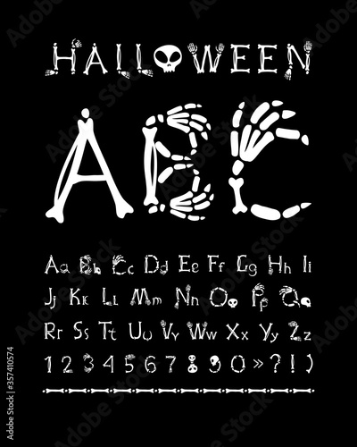 Alphabet of bones, a full set of letters and numbers, Halloween alphabet on a black background.