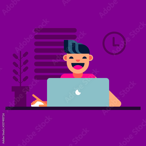 Working from home in lockdown due to coronavirus, kid, teenager illustration vector, online schooling of kid on laptop illustration