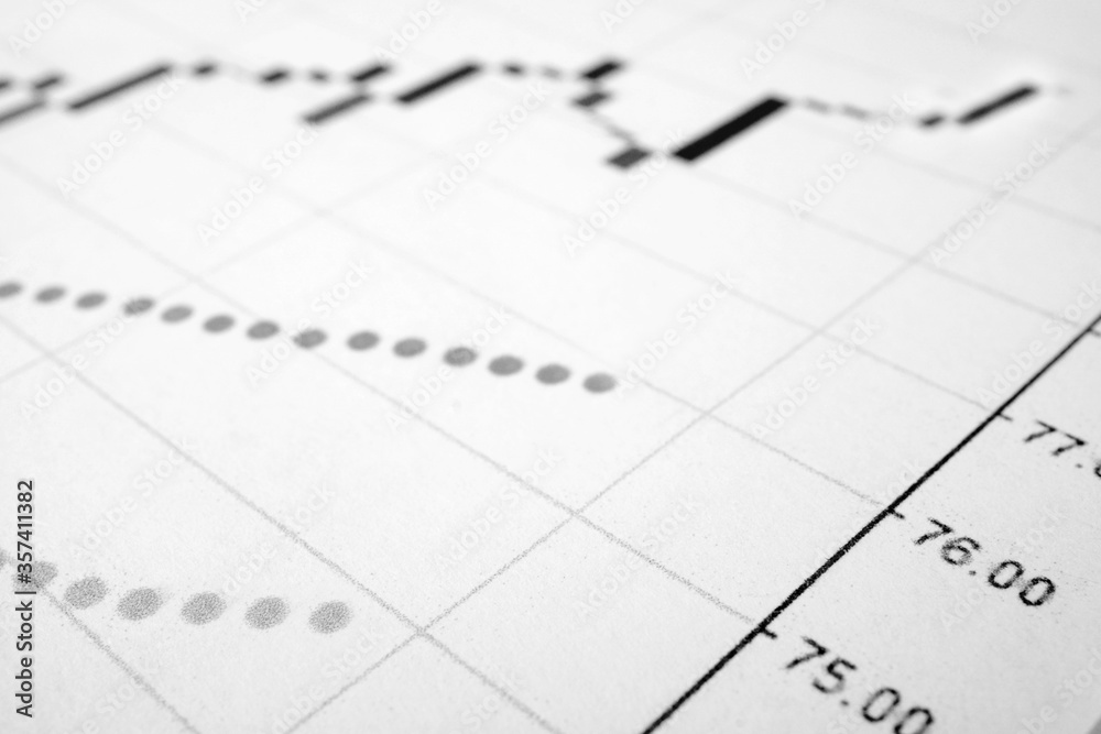 Trading chart and pen on a sheet of paper. Stock quotes in the form of a graph. Business project on paper. Profitable shares. Profit from financial activities. Risky business. Trading chart and pen on a sheet of paper. Stock quotes in the form of a graph. Business project on paper. Profitable shares. Profit from financial activities. Risky business.