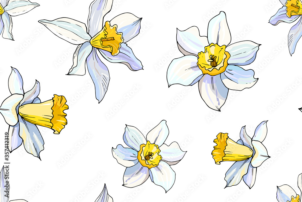 Seamless white daffodil heads floral pattern. Hand drawn narcissus endless background. Spring easter backdrop. For greeting cards, invitations, decorations, floral prints, floristic design, wallpaper.