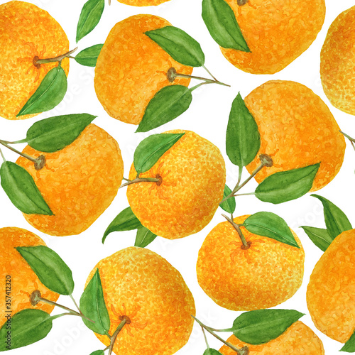 Watercolor hand drawn seamless pattern illustration of bright orange tangerine mandarine citrus fruits with vibrant green leaves. For food organic vegetarian labels, packaging. Natural design for