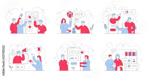 People searching for attractive offers in online shops. Set of flat line vector illustrations