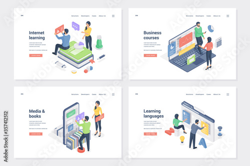 Internet learning, online education types isometric landing page templates set
