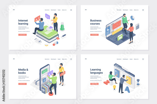 Internet learning, online education types isometric landing page templates set © Дмитрий Муску