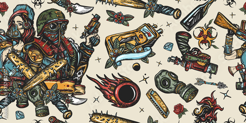 Survival seamless background. Post apocalypse pattern. Soldier woman in gas mask. Post apocalyptic man warrior. Doomsday girl and gun. People and weapon of dark future