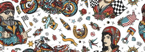 Bikers lifestyle. Old school tattoo background. Dark seamless pattern. Bearded biker man, burning chopper motorcycle, rider moto sport woman. Pin up girl, spark plug. Racers