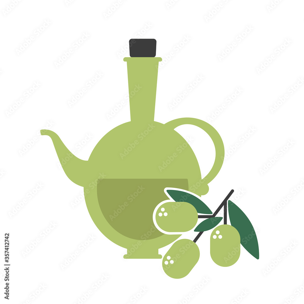 Fototapeta premium Olive oil bottle icon vector illustration with olive branch. Flat design style