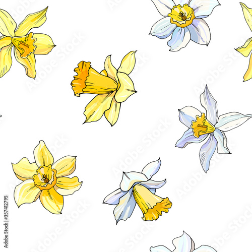 Yellow and white daffodil seamless floral pattern. Hand drawn narcissus background. Spring easter backdrop. For greeting cards, invitations, decorations, floral prints, floristic design, wallpaper.