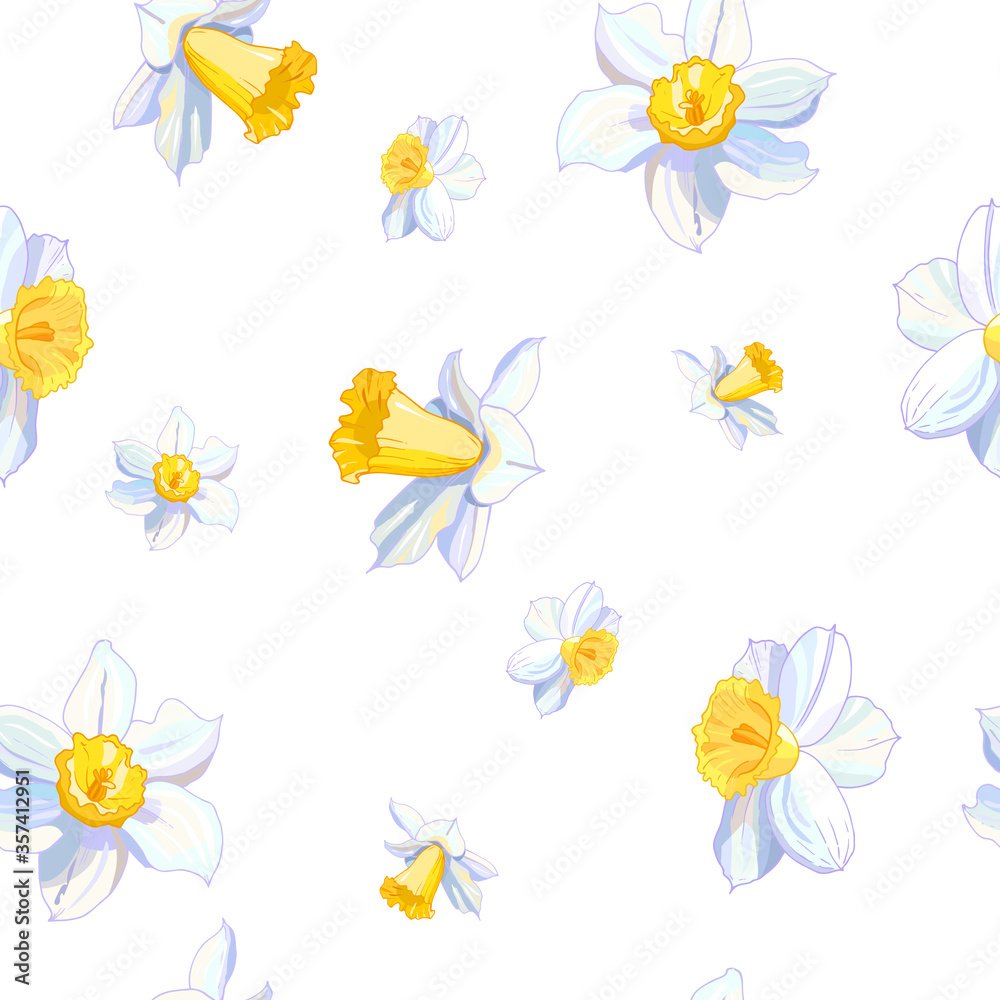 Seamless pattern from white daffodil flower heads. Hand drawn narcissus endless background. Spring easter backdrop. For greeting cards, invitations, decorations, floral prints, design, wallpaper.