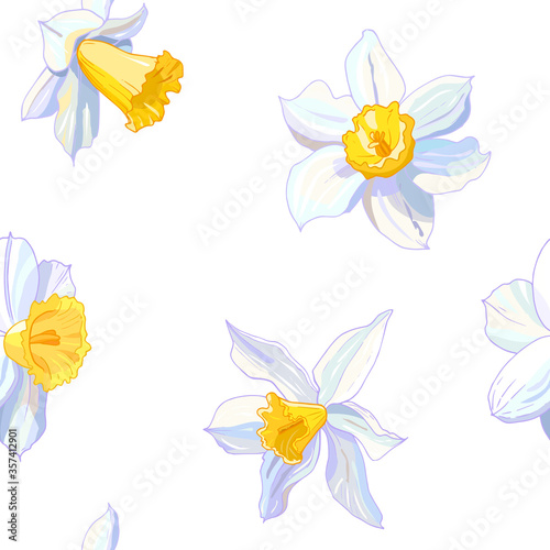 Seamless pattern from white daffodil flower heads. Hand drawn narcissus background. Spring easter backdrop. For greeting cards, invitations, decorations, floral prints, floristic design, wallpaper.