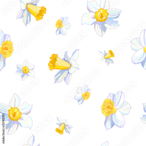 Seamless pattern from white daffodil flower heads. Hand drawn narcissus endless background. Spring easter backdrop. For greeting cards, invitations, decorations, floral prints, design, wallpaper.