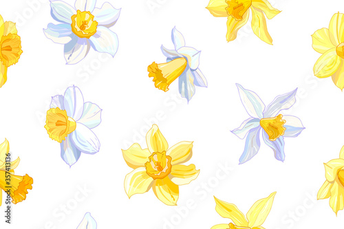 Yellow and white daffodil floral seamless pattern. Hand drawn narcissus background. Spring easter backdrop. For greeting cards, invitations, decorations, floral prints, floristic design, wallpaper.