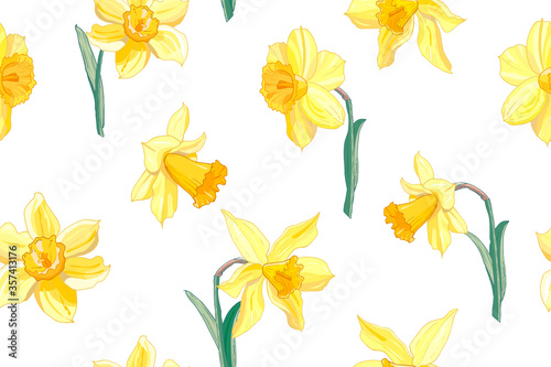 Seamless yellow daffodil floral pattern. Hand drawn narcissus endless background. Spring easter backdrop. For greeting cards, invitations, decorations, floral prints, floristic design, wallpaper.