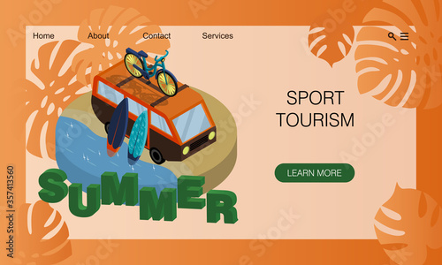 Travel van with bicycle mounted on roof and two surfboards. Summer illustration about travel and camping. Tropical sea coast. Cartoon vector icon. Concept of touristic website, landing page