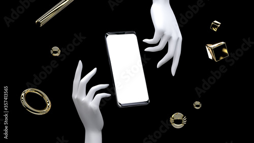 Smartphone mockup abstract black 3d gold elements dark background elegant