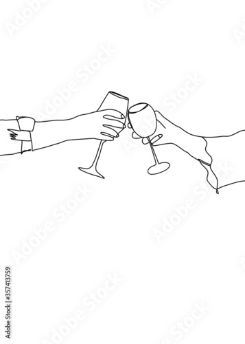 continuous line drawing, cheering, holding a glass of win. vector illustration.