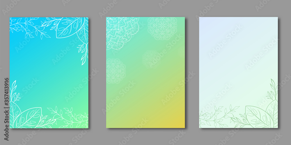 Set of Covers design, Floral flower and mandalas with gradient background, Pattern of botanical template set, Natural color concept, Vector illustration