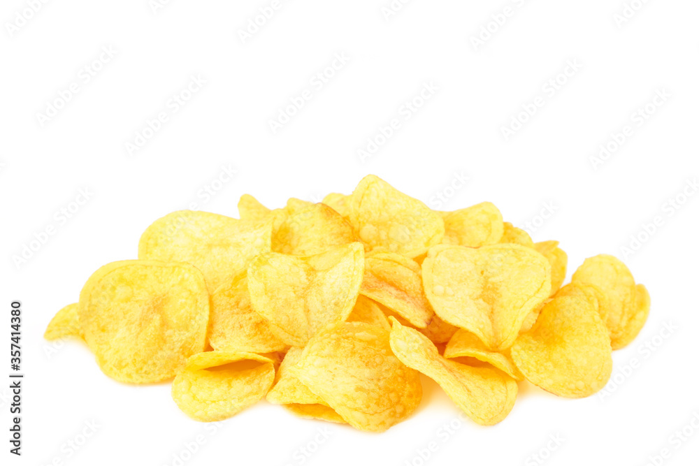 Many prepared potato chips snack isolated on white background