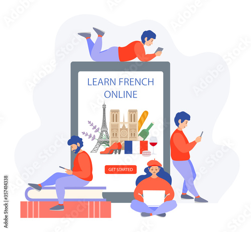 Learning French. Concept on the topic of online education and work. Tiny people learn a language over the Internet. Vector banner in flat style for online language school or courses.