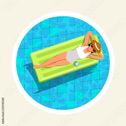 Smiling woman lying on air mattresses in swimming pool