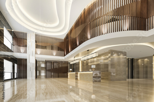 3d rendering grand luxury hotel reception hall entrance and lounge restaurant with stair photo