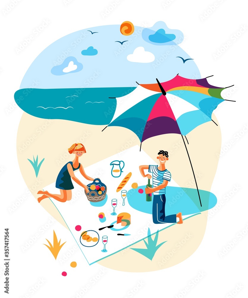 Vector man and woman rest having picnic on beach