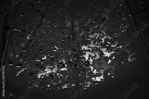 black-and-white background image of an umbrella in raindrops close-up