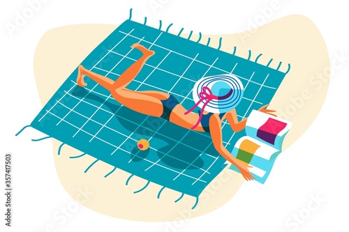 Vector woman reading book sunbathing on beach