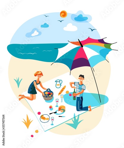 Vector man and woman rest having picnic on beach © backup_studio