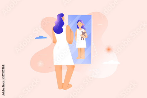 Woman seeing herself as child girl in mirror reflexion, inner child psychology therapy concept, inner child concept, childlike behaviour, mental health psychotherapy, modern vector illustration