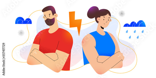 Young couple argue, woman and man having a quarrel, family conflict concept, angry girl turns her back on boyfriend, break in relationship, flat cartoon illustration, vector characters