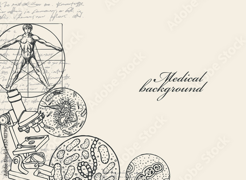 Medical background with calligraphic inscription, sketches, illegible entries and place for text. Hand-drawn vector illustration in retro style on the theme of medicine, biology, genetics, chemistry.