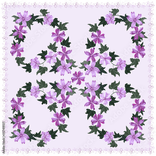 Unusual scarf, napkin flower print. Modern style mille fleurs. Floral pretty background for scarf print, textile, covers, surface, scrapbooking, decoupage. Bandana, pareo, home textile plant design