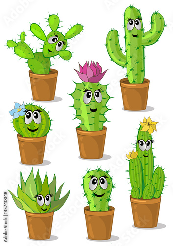 Cactus set images with cheerful muzzles and flowers. Vector illustration.