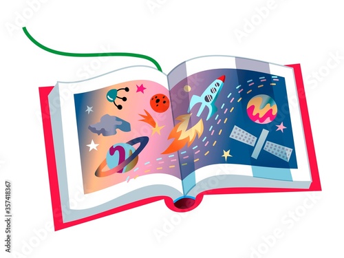 Children's book on astronomy, open pages with images of planets