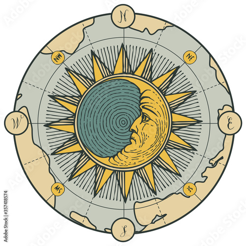Hand-drawn Moon and Sun on the old map in vintage style. Vector decorative illustration on the theme of travel, adventure and discovery