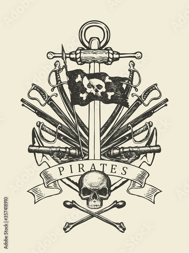 Hand-drawn skull, crossbones, anchor, sabers, swords, ship guns and pirate flag. Decorative vector illustration on the theme of travel, military adventure and pirates battles in vintage style