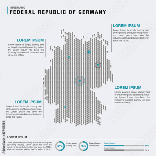 Germany country map infographics vector with pointer marks and circle chart template. Infographics layouts. Vector illustration