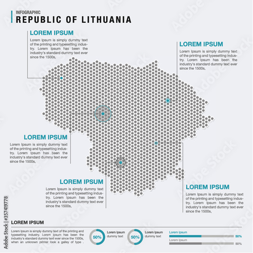 Lithuania country map infographics vector with pointer marks and circle chart template. Infographics layouts. Vector illustration