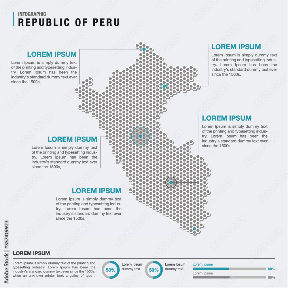 Peru country map infographics vector with pointer marks and circle chart template. Infographics layouts. Vector illustration