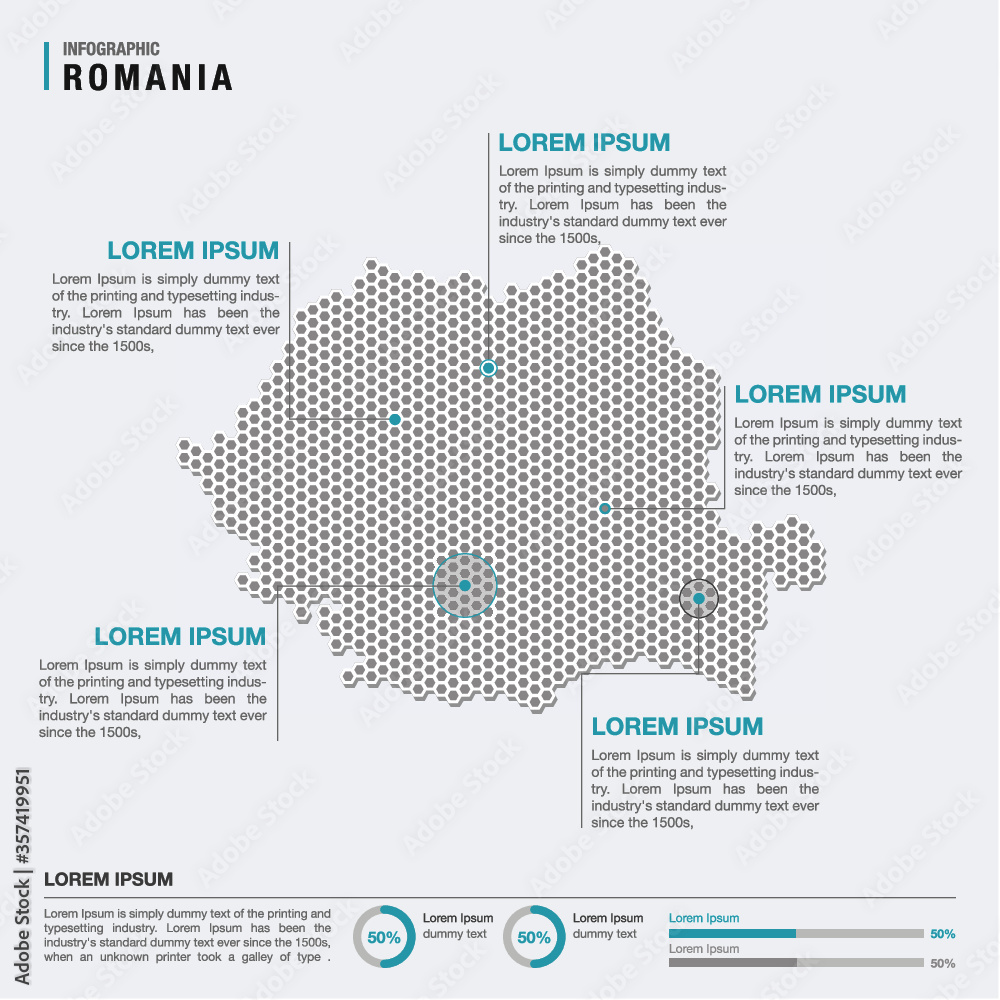 Romania country map infographics vector with pointer marks and circle chart template. Infographics layouts. Vector illustration