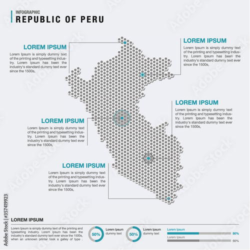 Peru country map infographics vector with pointer marks and circle chart template. Infographics layouts. Vector illustration