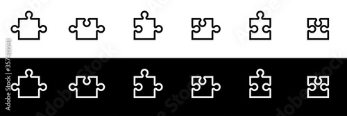 Puzzle icon set. Flat design icon collection isolated on black and white background. Side piece puzzle.