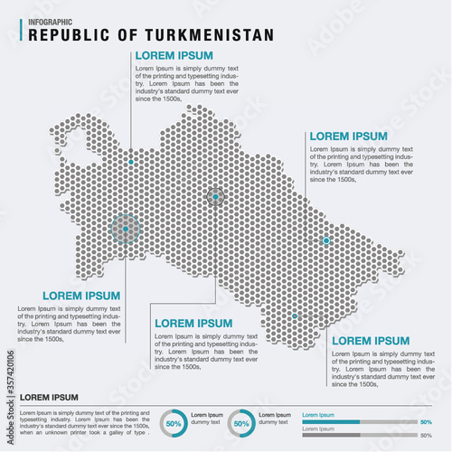 Turkmenistan country map infographics vector with pointer marks and circle chart template. Infographics layouts. Vector illustration